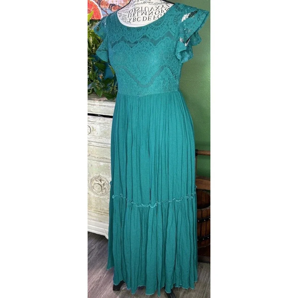 Green Forest Fairy Maxi Dress Boho Whimsy Juniors XS Girls 14 Witchy Cottage